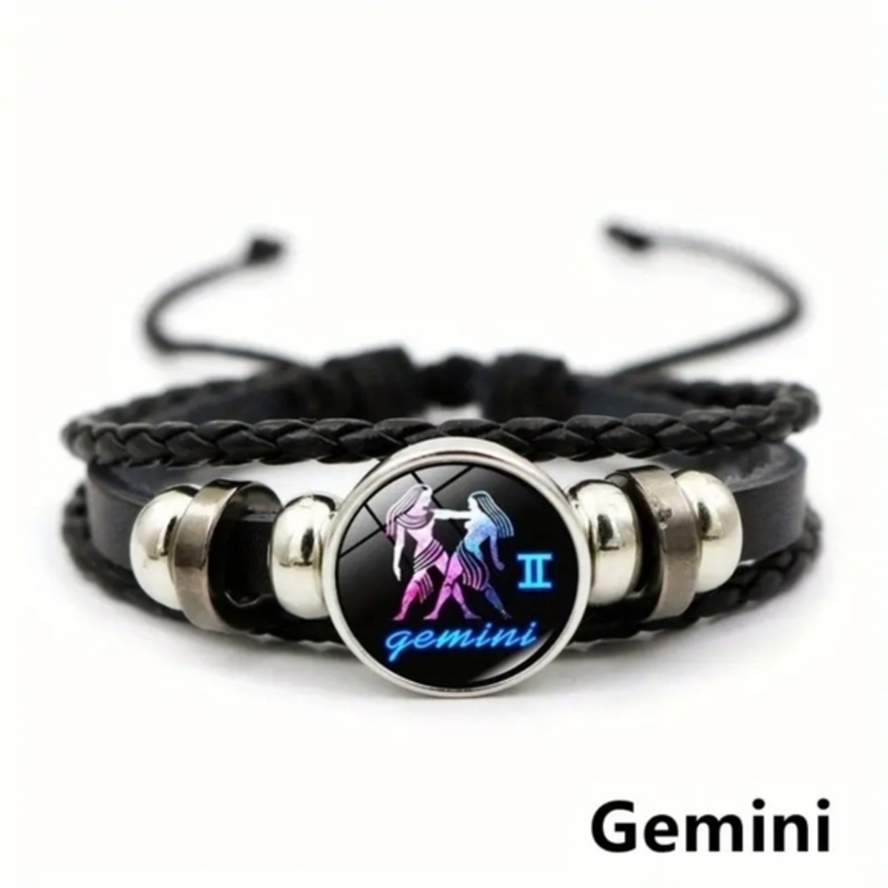 Gemini Zodiac Bracelet Handwoven Wax Rope and Leather‎ Unisex